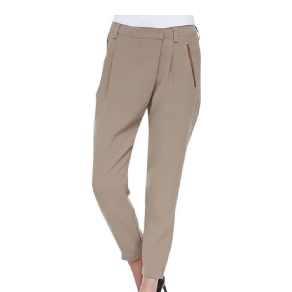 Vince Polyester and Leather Combo "Beige Wrap Front Leather Detail Pants"